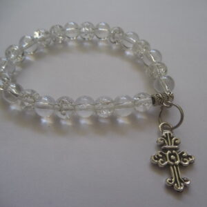 Elegant White Beaded Bracelet with Crack Beads & Oxidized Silver Cross Charm – Includes Matching Earrings & Three-Piece Bracelet Set